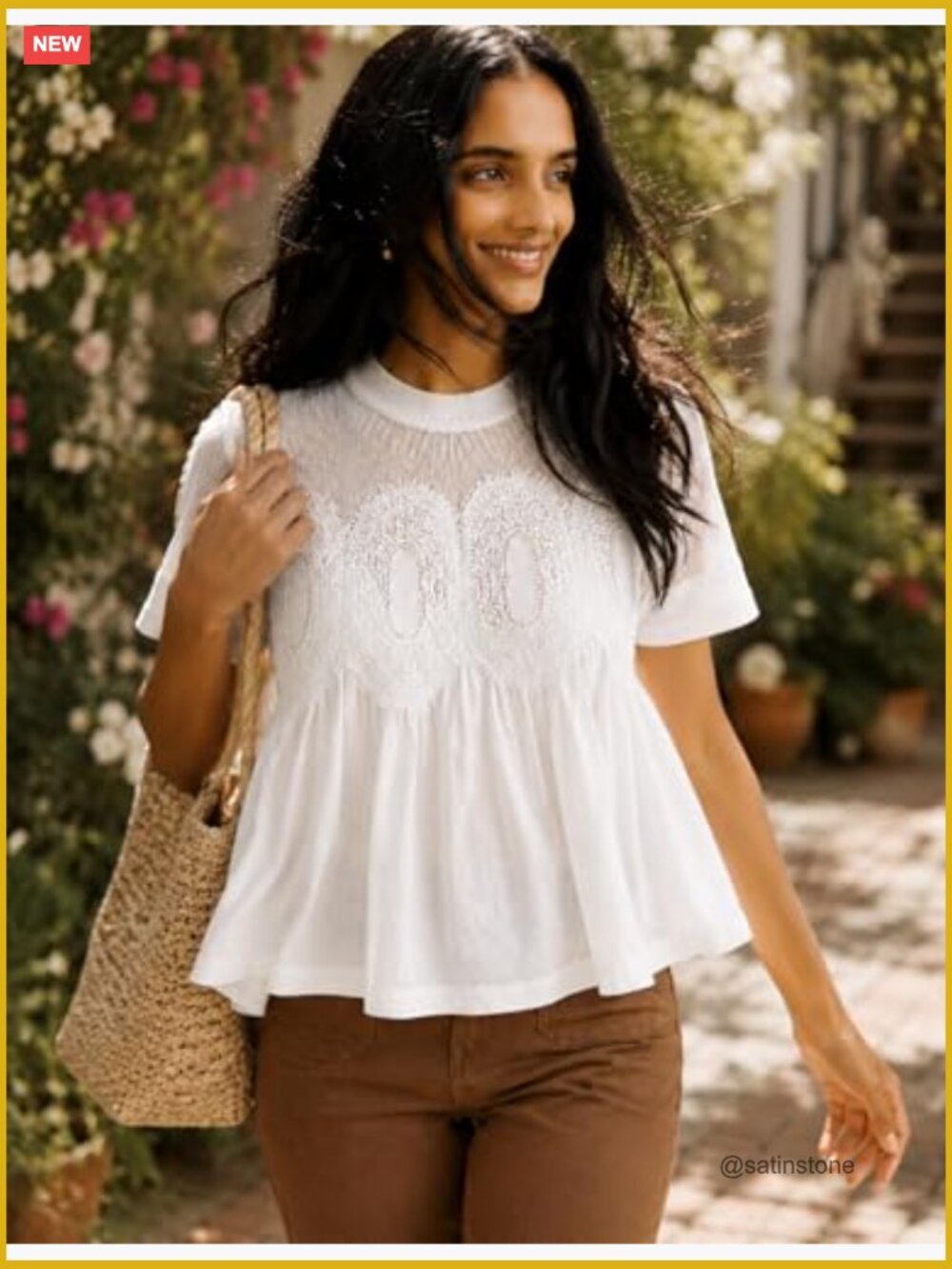 Boho Lace Short Sleeve Blouse Mesh Swing Top Crew Neck Loose Flowy Shirt - Picture 2 of 6